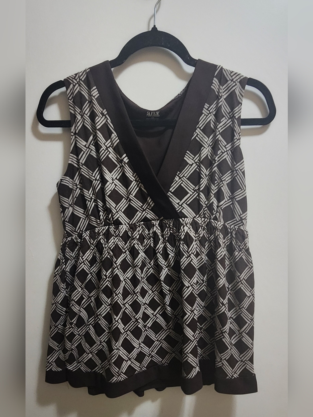 ANA Brown Cream Geometric Peplum Blouse L